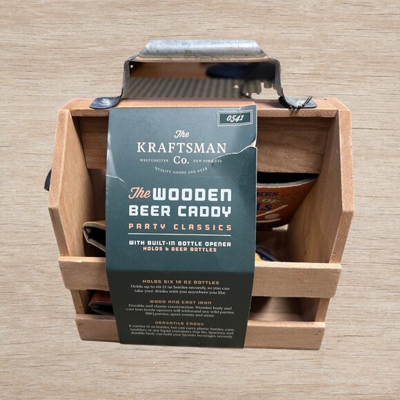 NWT The Kraftsman Co. Wooden Beer Caddy w/ Bottle Opener, Koozie, Key Chain - Picture 3 of 5